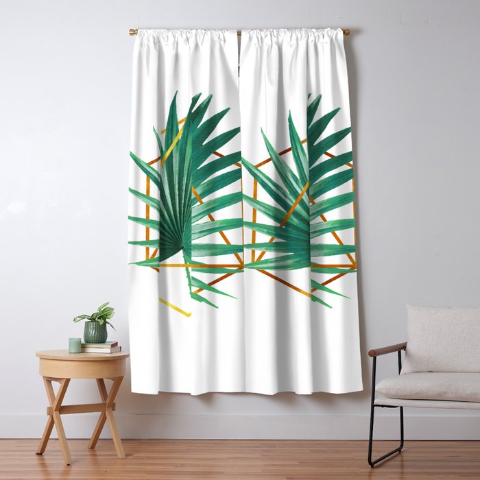 Minimal Tropical Palm Leaf And Gold Geometric Shape Modern Wall Art Green Blackout Curtain By Grafiikka