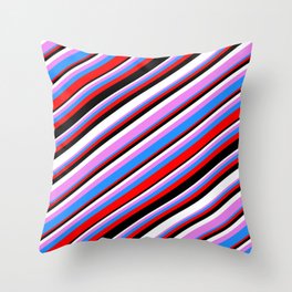 [ Thumbnail: Eyecatching Violet, Blue, Red, Black & White Colored Lines Pattern Throw Pillow ]