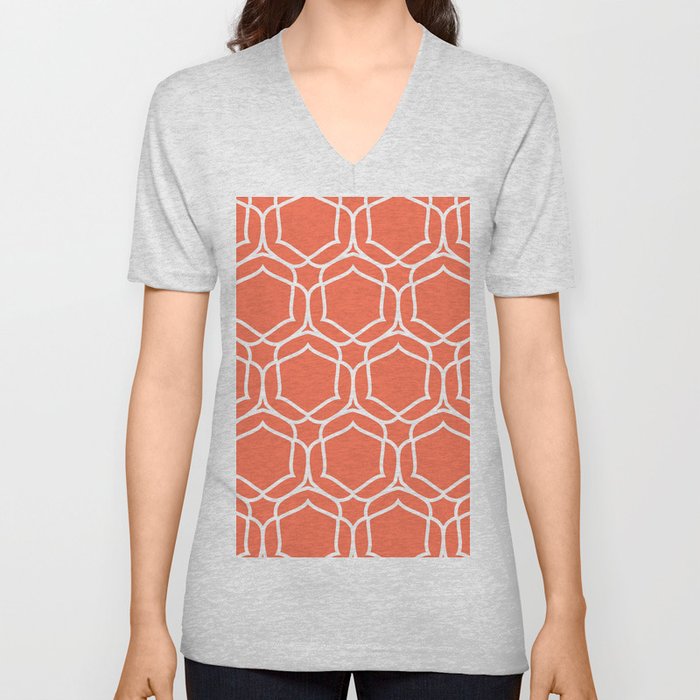 Tangerine and White Overlapping Shape Tile Pattern 2 - DE 2022 Trending Color Often Orange DE5132 V Neck T Shirt
