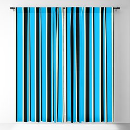[ Thumbnail: Deep Sky Blue, Black, and Light Yellow Colored Lines Pattern Blackout Curtain ]