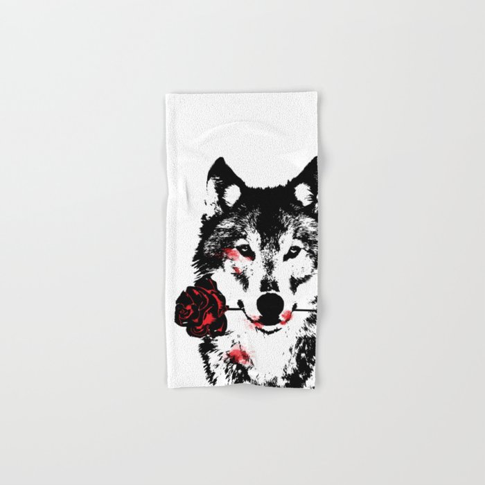 Wolf blood stained, holding a red rose. Hand & Bath Towel