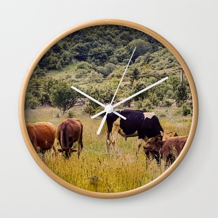 Vintage cottagecore cow pasture in the mountains Wall Clock