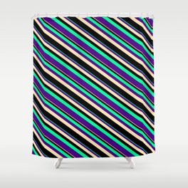 [ Thumbnail: Green, Indigo, Beige, and Black Colored Striped Pattern Shower Curtain ]