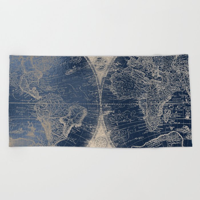 Antique World Map Gold Navy Blue Library Beach Towel