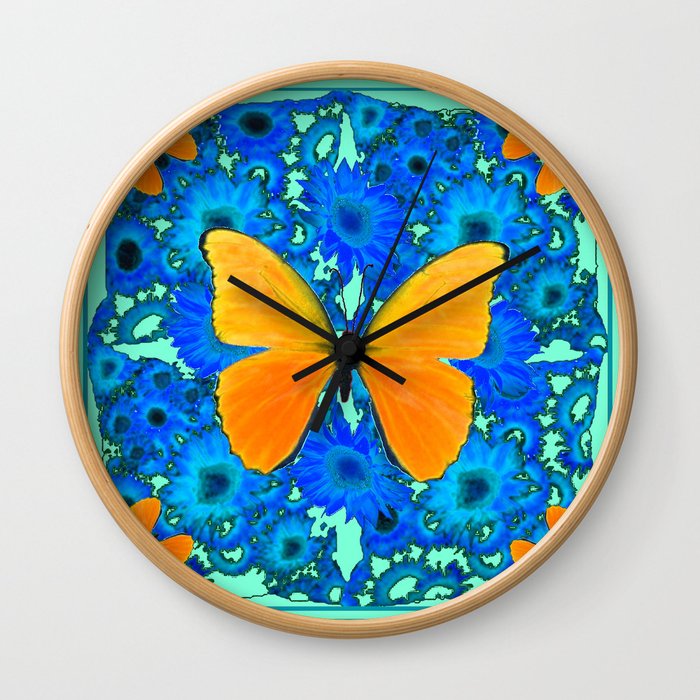 Aqua Colored Blue Floral Golden Butterflies Pattern Art Wall Clock