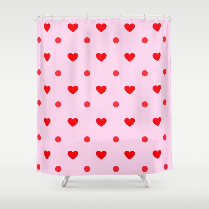 Pink & Red Heart Polka Dot Print Shower Curtain