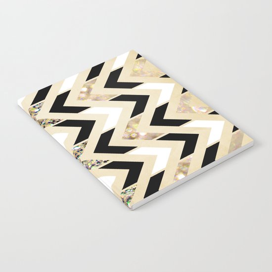 Black, White & Gold Glitter Herringbone Chevron on Nude Cream Notebook
