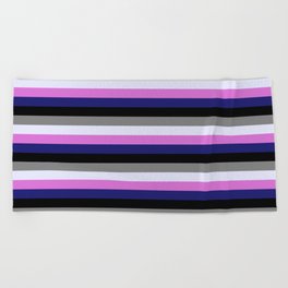 [ Thumbnail: Colorful Orchid, Midnight Blue, Black, Grey, and Lavender Colored Pattern of Stripes Beach Towel ]