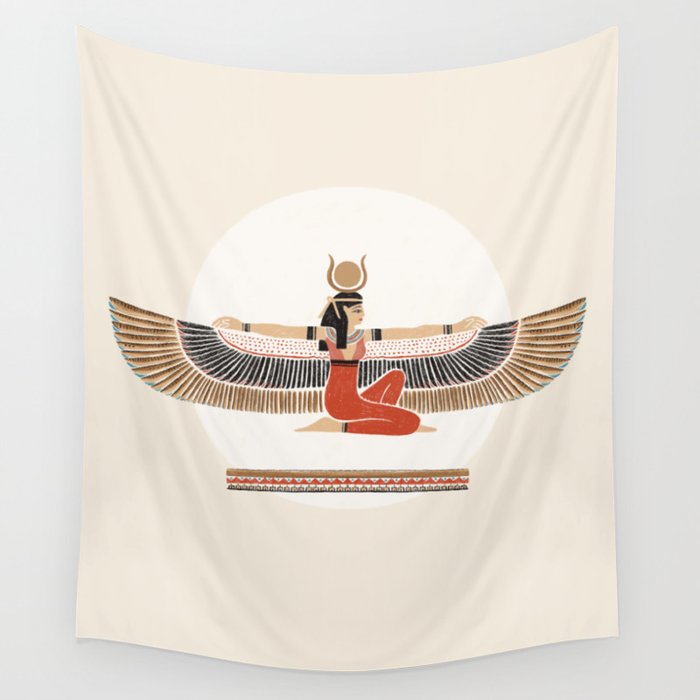 Isis Goddess Ancient Egypt | Fine Art pencil drawing | Terracotta Gold Sepia Beige Aset Wings Wall Tapestry