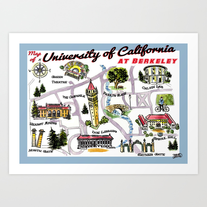 Uc Berkeley Campus Map Uc At Berkeley Cute Campus Map Art Print By Landmark Ink | Society6