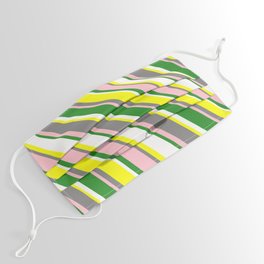 [ Thumbnail: Colorful Yellow, Grey, Pink, Forest Green & White Colored Lines/Stripes Pattern Face Mask ]