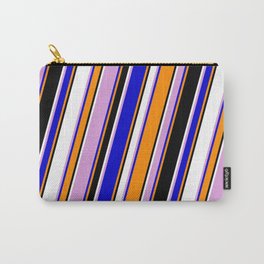 [ Thumbnail: Eye-catching Plum, Blue, Dark Orange, Black & White Colored Stripes/Lines Pattern Carry-All Pouch ]