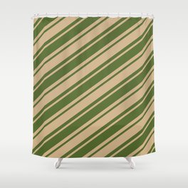 [ Thumbnail: Tan & Dark Olive Green Colored Lines Pattern Shower Curtain ]