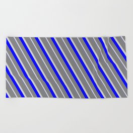 [ Thumbnail: Grey, Light Grey & Blue Colored Striped/Lined Pattern Beach Towel ]