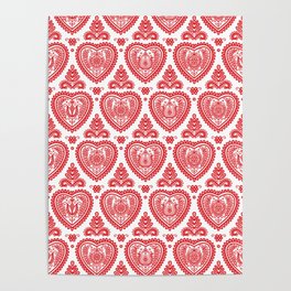Red Folk Hearts Pattern Poster
