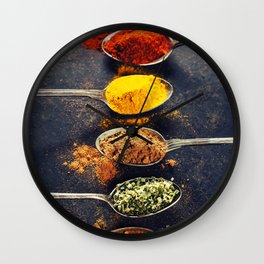 Colorful spices in metal spoons Wall Clock | Vintage, Food, Spices, Dark, Photo 