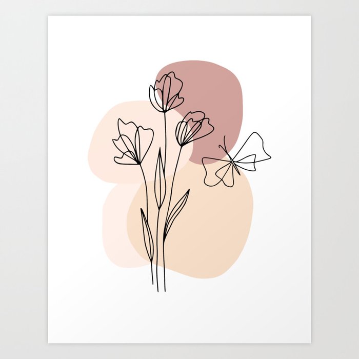 Minimal Line Art Flowers And Butterfly Art Print