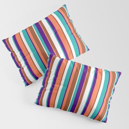 [ Thumbnail: Indigo, Coral, Sienna, White & Light Sea Green Colored Pattern of Stripes Pillow Sham ]