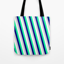[ Thumbnail: White, Green, Dark Blue & Light Grey Colored Lines Pattern Tote Bag ]