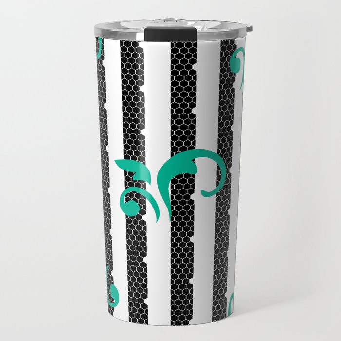 Mint Leaf Green Lace Paisley and White Dots on Black and White Stripes Travel Mug