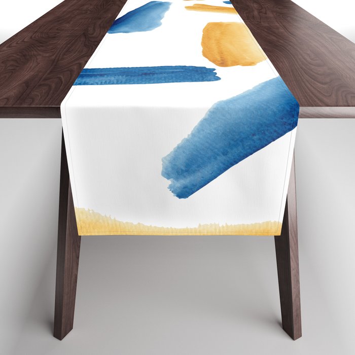 Modern artsy navy blue gold watercolor brushstrokes Table Runner