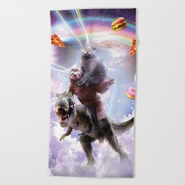 Laser Eyes Space Cat On Sloth Dinosaur - Rainbow Beach Towel