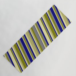 [ Thumbnail: Colorful Pale Goldenrod, Dark Khaki, Green, Grey & Blue Colored Lines/Stripes Pattern Yoga Mat ]