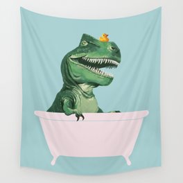 Playful T-Rex in Bathtub in Green Wall Tapestry