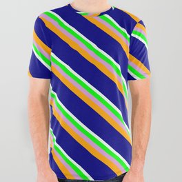 [ Thumbnail: Mint Cream, Lime, Plum, Orange, and Blue Colored Lined Pattern All Over Graphic Tee ]