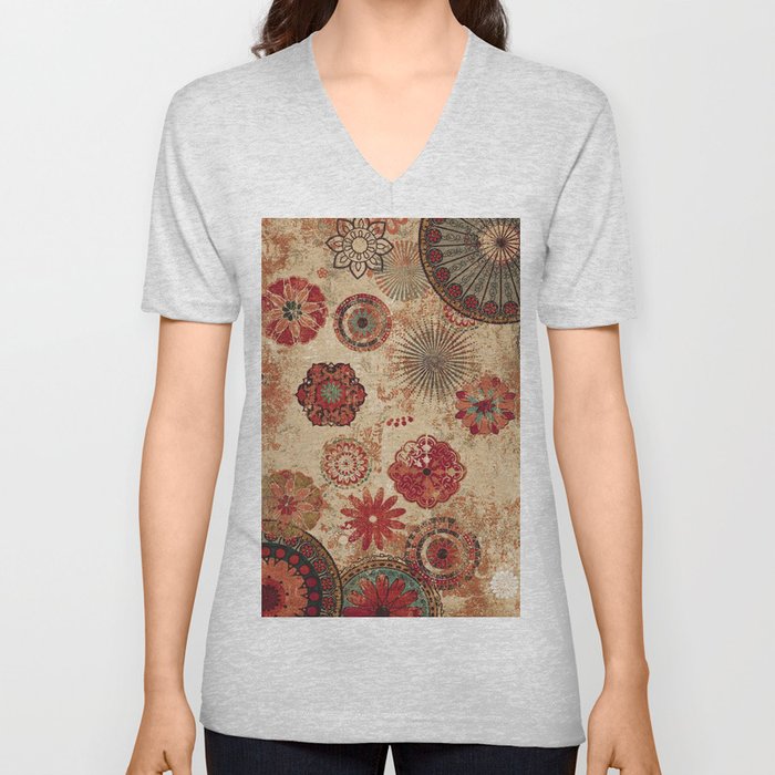 Bohemian Floral Moroccan Style Design V Neck T Shirt