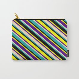 [ Thumbnail: Eyecatching Yellow, Indigo, Bisque, Light Sea Green, and Black Colored Lined Pattern Carry-All Pouch ]