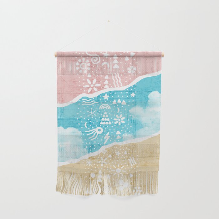 White Nature Elements and Pastel Background with Clouds Wall Hanging
