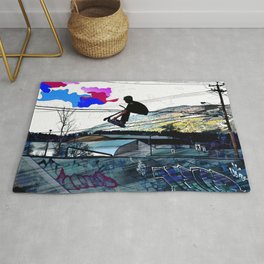 Let's Scoot! - Stunt Scooter at Skate Park Rug | Modernart, Outdoorsports, Scootertricks, Scooterstunts, Kick Scooter, Deckgrab, Extremesports, Silhouettes, Kidssports, Stuntscooter 