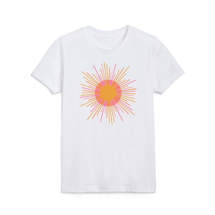 Mid Century Modern Minimalist Sunburst Retro Sun Pink Orange Mustard Yellow Kids T Shirt