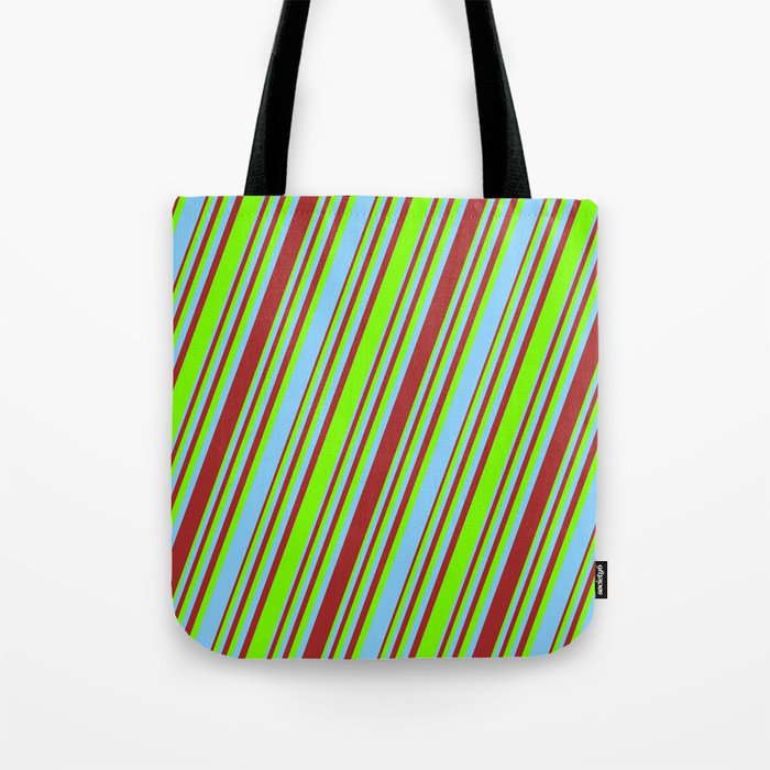Light Sky Blue, Brown, and Green Colored Striped/Lined Pattern Tote Bag