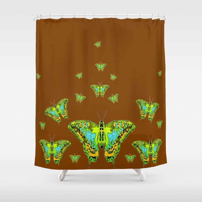 Green Yellow Moths On Coffee Brown Shower Curtain By Sharlesart