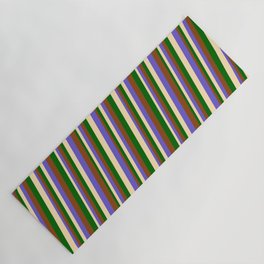 [ Thumbnail: Beige, Slate Blue, Brown, and Dark Green Colored Lines/Stripes Pattern Yoga Mat ]