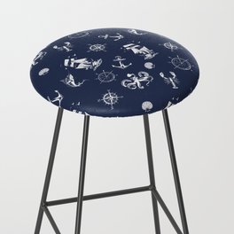 Navy Blue And White Silhouettes Of Vintage Nautical Pattern Bar Stool