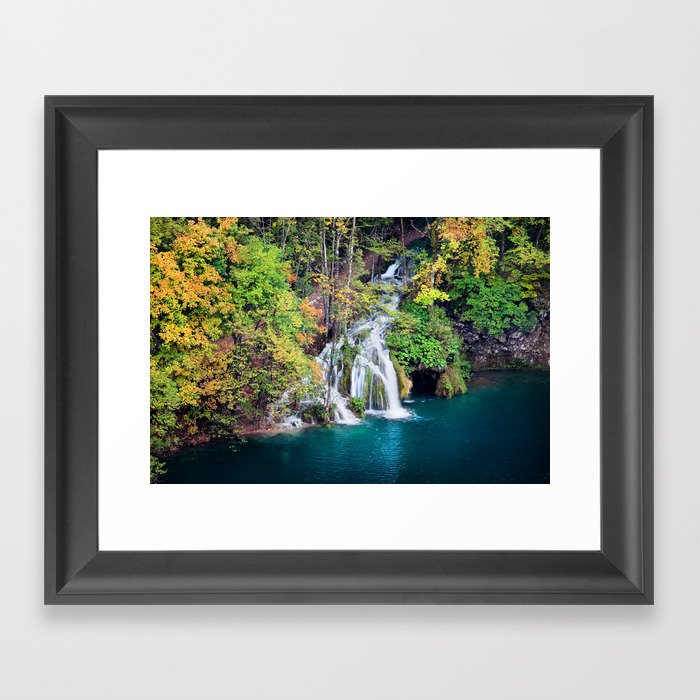 Waterfall And Lake in Autumn Forest Framed Art Print