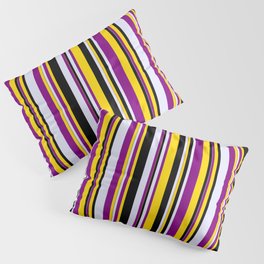 [ Thumbnail: Yellow, Purple, Lavender & Black Colored Striped/Lined Pattern Pillow Sham ]