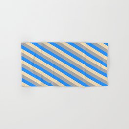 [ Thumbnail: Tan, Dark Grey, and Blue Colored Pattern of Stripes Hand & Bath Towel ]