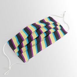 [ Thumbnail: Tan, Deep Sky Blue, Black, and Purple Colored Striped Pattern Face Mask ]