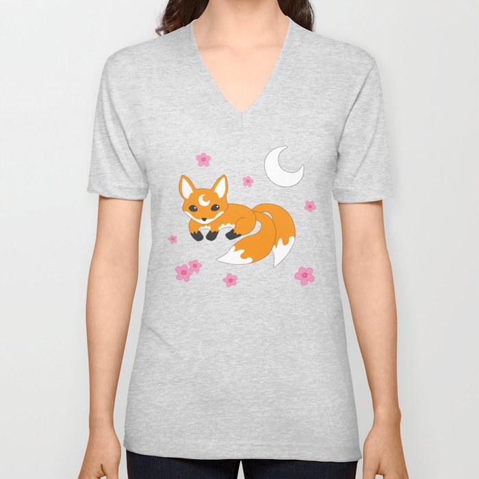 Japanese Fox Pattern V Neck T Shirt