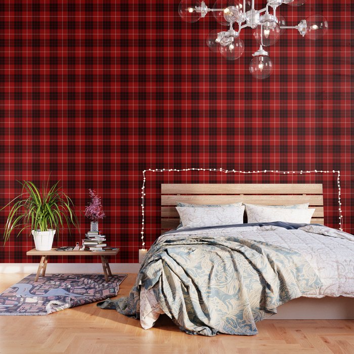 Dark Red Tartan with Black and White Stripes Wallpaper