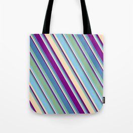 [ Thumbnail: Eyecatching Blue, Dark Sea Green, Sky Blue, Beige, and Purple Colored Lines Pattern Tote Bag ]