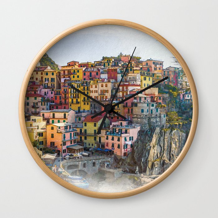 Cinque Terre Watercolor Style Print, Digital, Manarola Print, Italy Wall Decor Wall Clock
