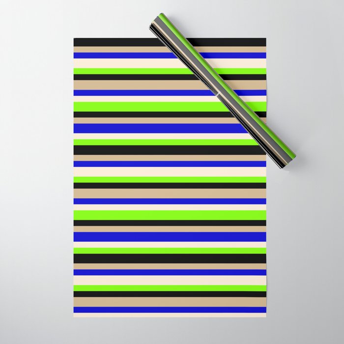 Tan, Blue, Beige, Green, and Black Colored Striped Pattern Wrapping Paper