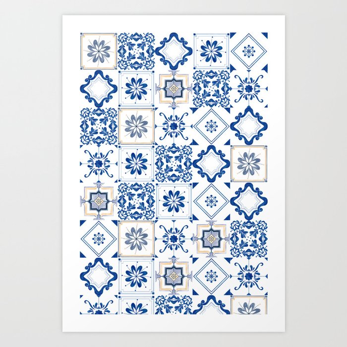 Alhambra Tiles Spanish Tiles Kitchen Decor Classic Accent White Blue Art  Print