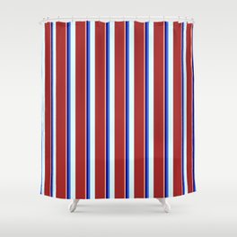 [ Thumbnail: Eyecatching Light Salmon, Blue, Royal Blue, Light Cyan, and Brown Colored Lined/Striped Pattern Shower Curtain ]