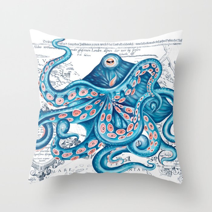 Blue Octopus Bubbles and Vintage Nautical Map  Throw Pillow